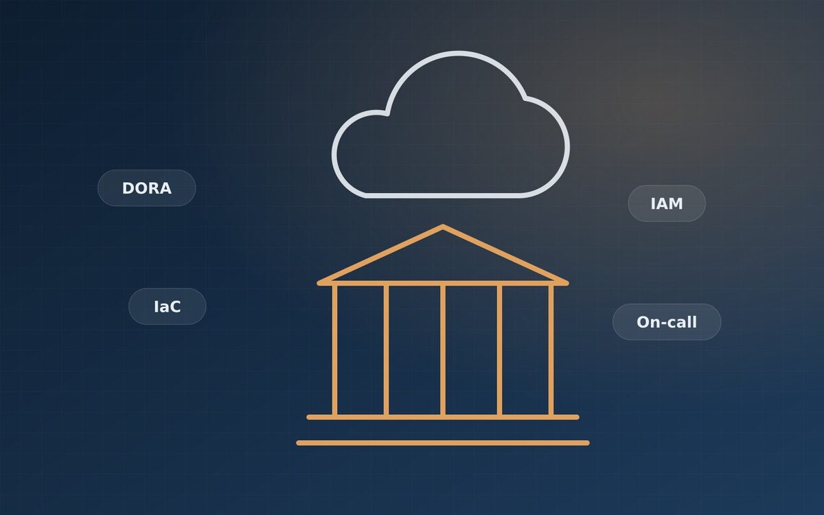 Line drawing of a bank building under a cloud, with tags for DORA, IaC, IAM and on-call